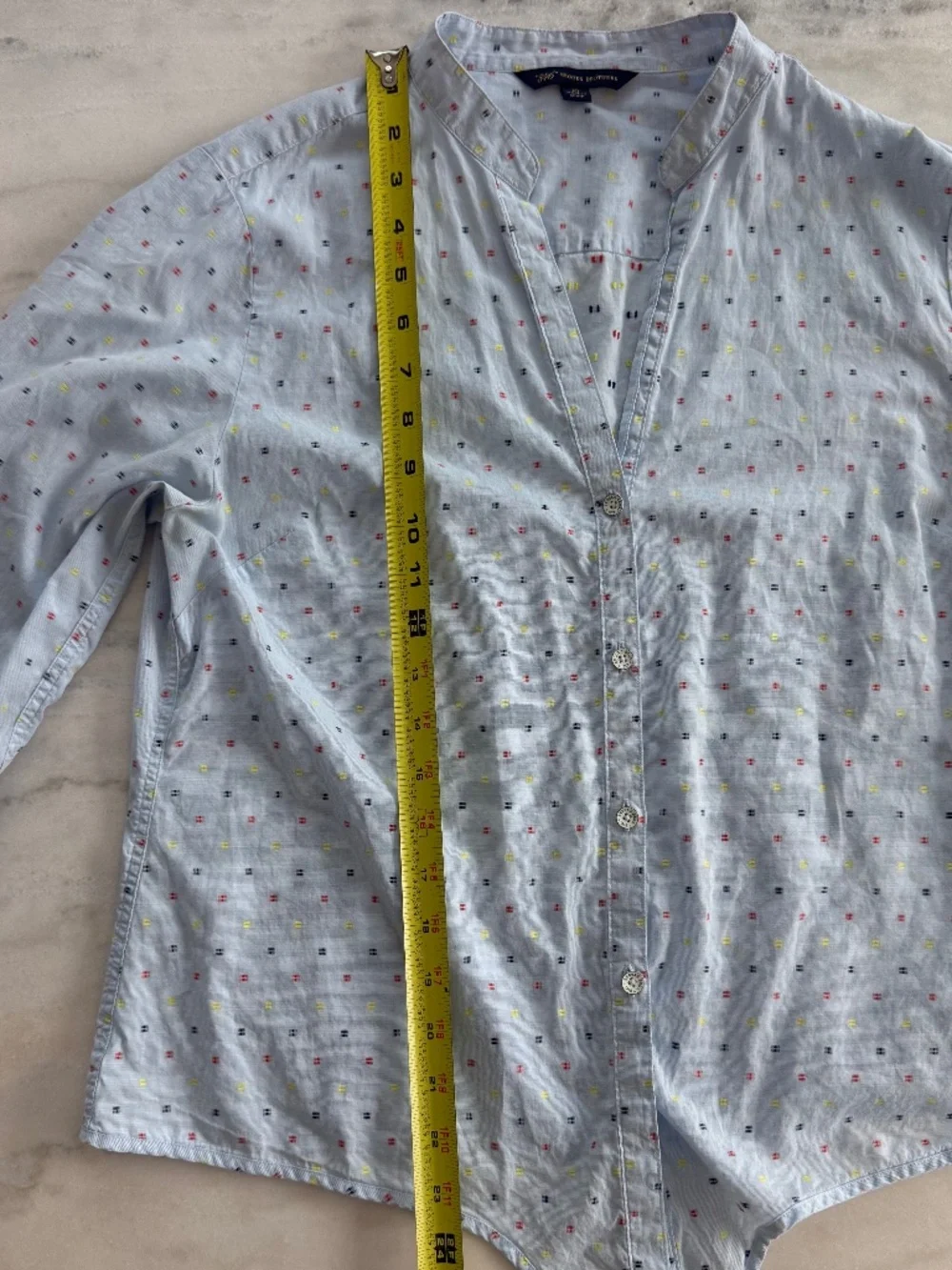 Brooks Brothers Blue Mini Print Blouse Tie Front Roll Tab Sleeve Women Size 10 - Picture 11 of 12